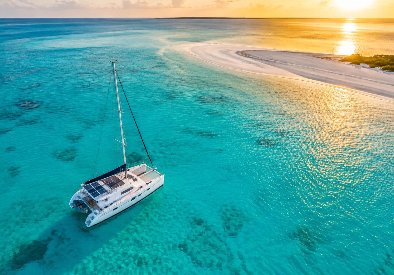 Catamaran anchored in turquoise water